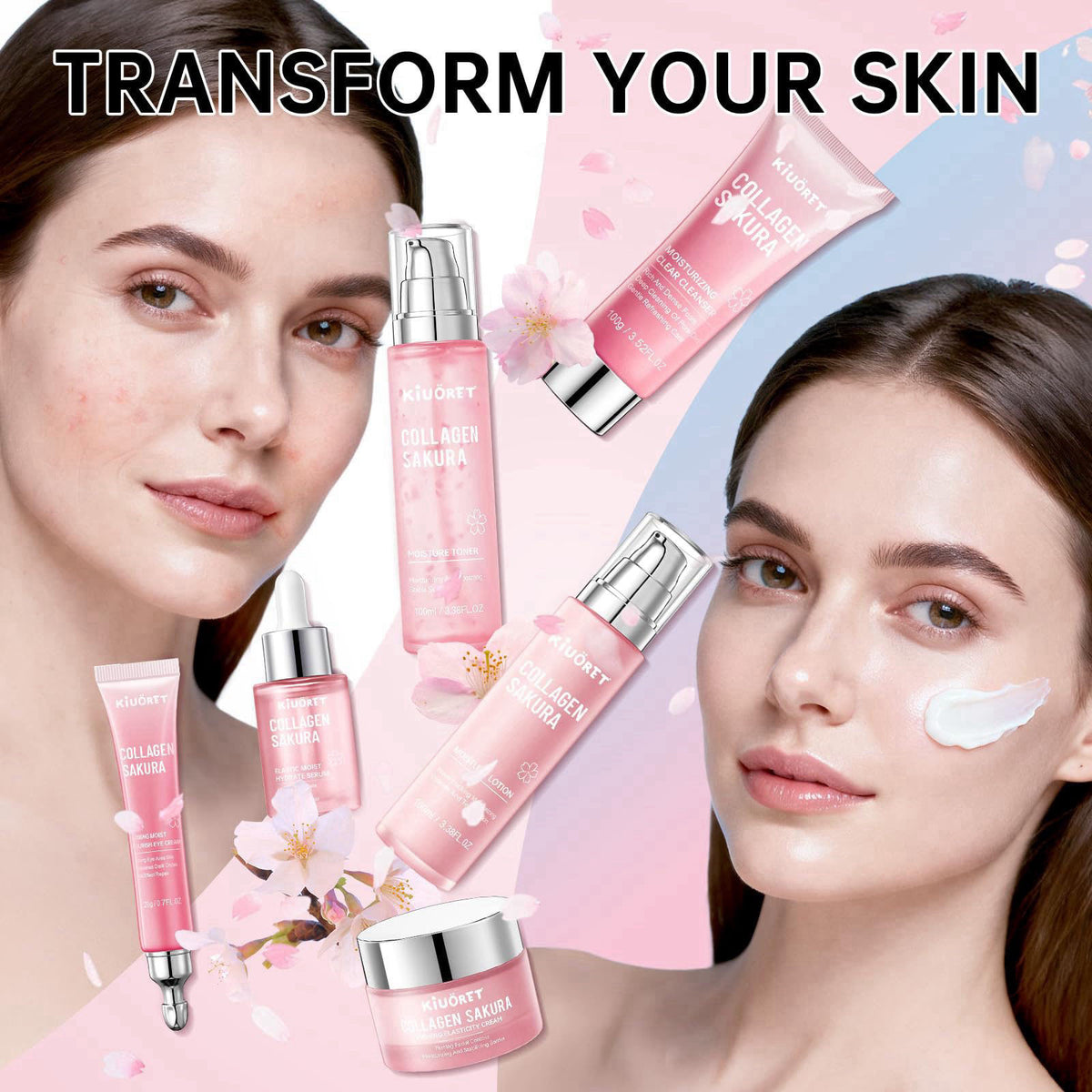 KIUORET Sakura Skin Care Set - 6 PCS Cherry Blossom Skin Care Kit with Cleanser, Toner, Serum, Lotion, Eye Cream & Face 