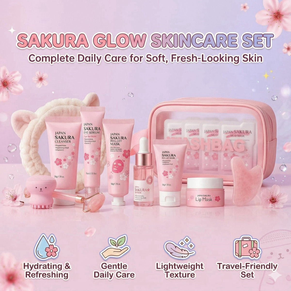 MrCuvaryas Japan Sakura Skin Care Set - Sakura Birthday Gifts For Teen Girls - Skin Care For Kids - 15 In 1 Skincare For