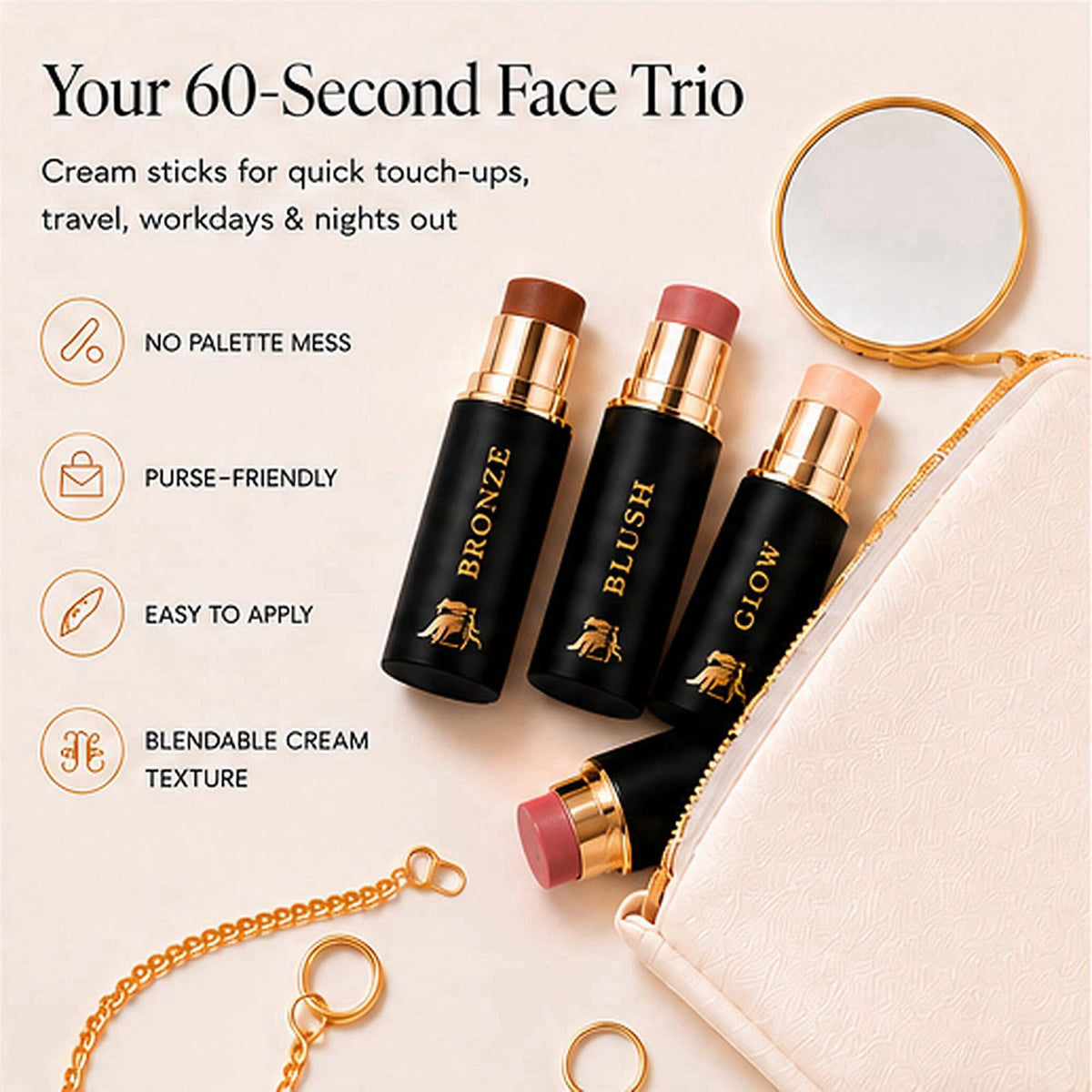 Phoenix Beauty Contour Stick Set, Blush, Bronzer & Highlighter, Enchanted – back view and specifications
