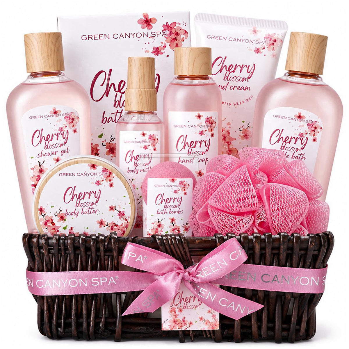 Green Canyon Spa Birthday Gifts for Women Baskets Cherry Blossom 10pcs – product photo (Sets &amp; Kits)