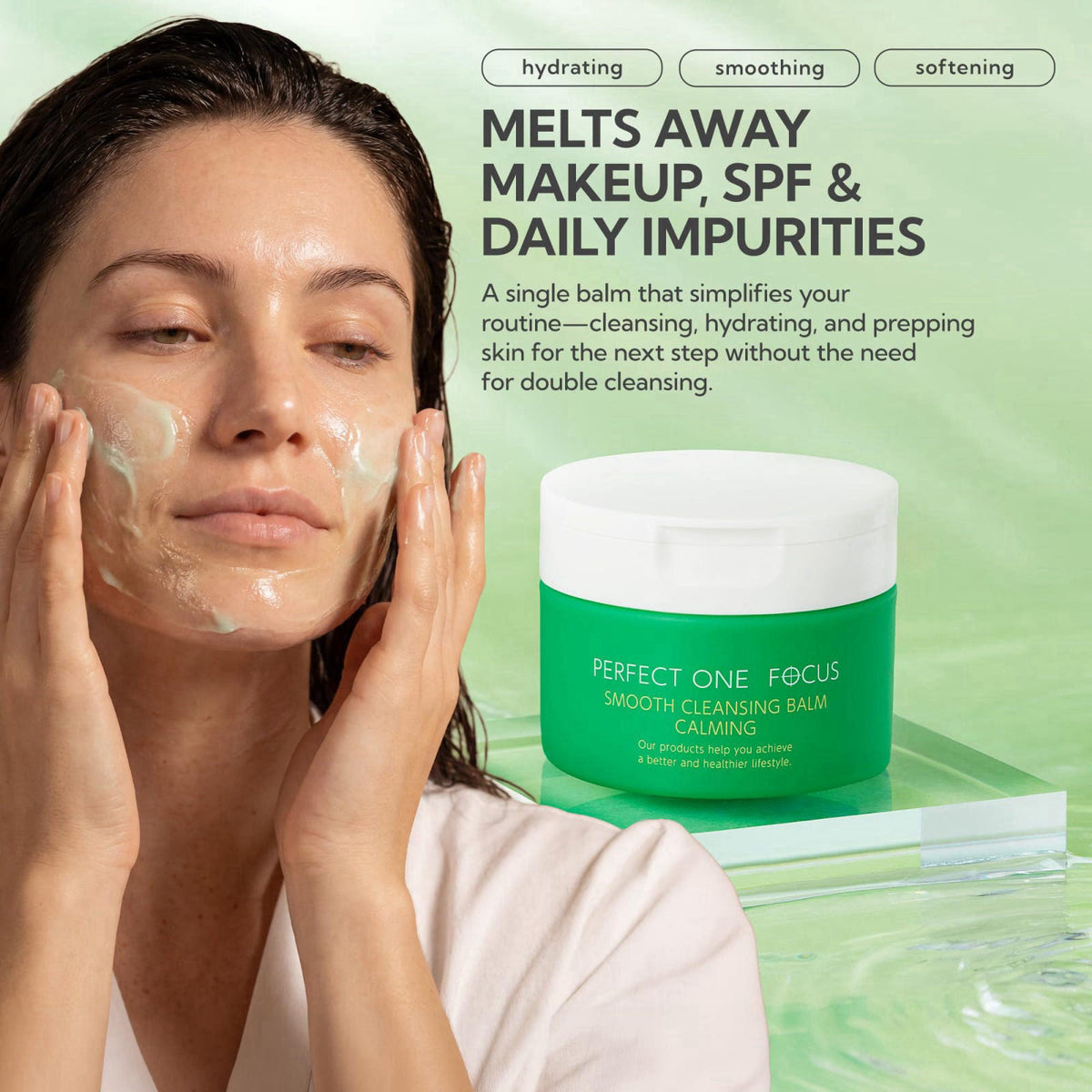 PERFECT ONE FOCUS Smooth Cleansing Balm Calming Makeup Remover, 2.64oz – back view and specifications