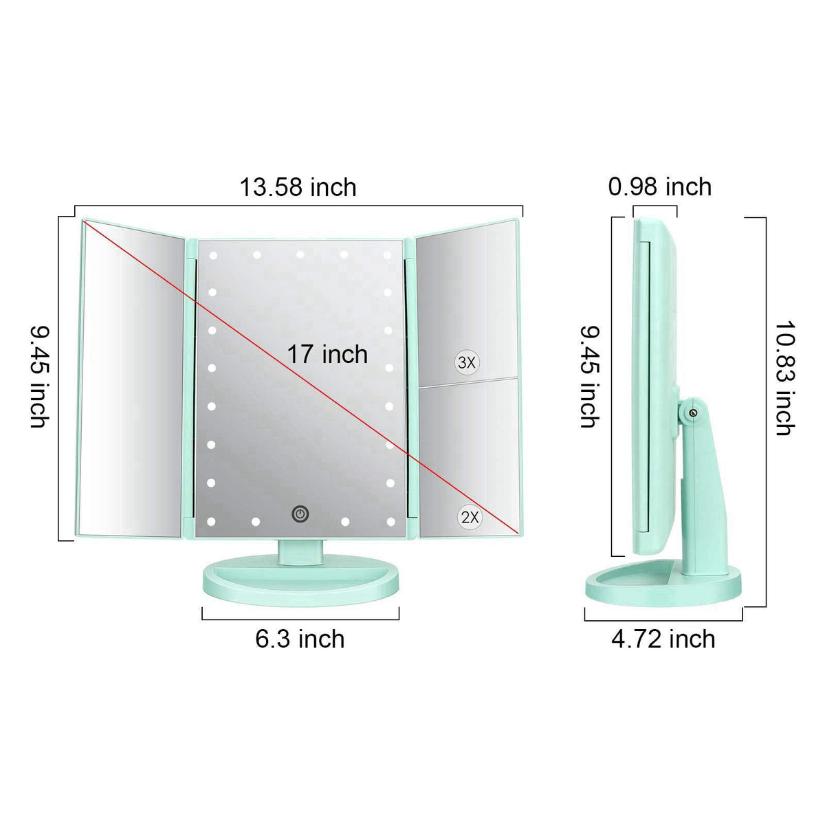 deweisn Tri-Fold Lighted Vanity Tabletop Mount Mirror with 21 LED Lights, Touch Screen and 3X/2X/1X Magnification, Two P