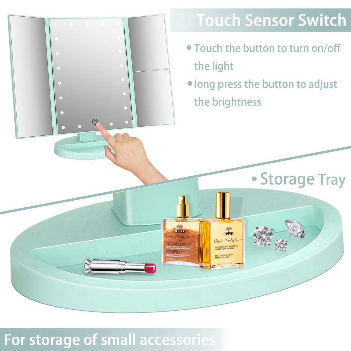 deweisn Tri-Fold Lighted Vanity Tabletop Mount Mirror with 21 LED Lights, Touch Screen and 3X/2X/1X Magnification, Two P
