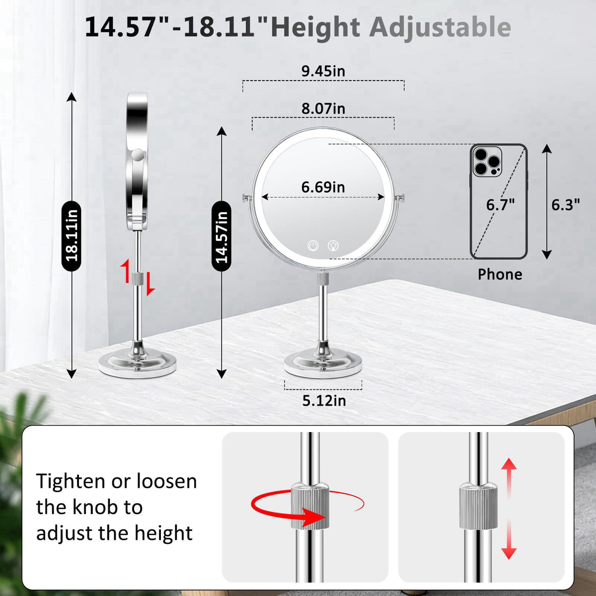 Telihopin 8" Makeup Mirror with Lights,4000mAh Rechargeable Vanity Mirror,1X/10X Double Sided Magnifying Mirror with