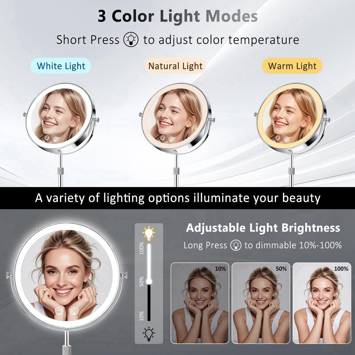 Telihopin 8" Makeup Mirror with Lights,4000mAh Rechargeable Vanity Mirror,1X/10X Double Sided Magnifying Mirror with