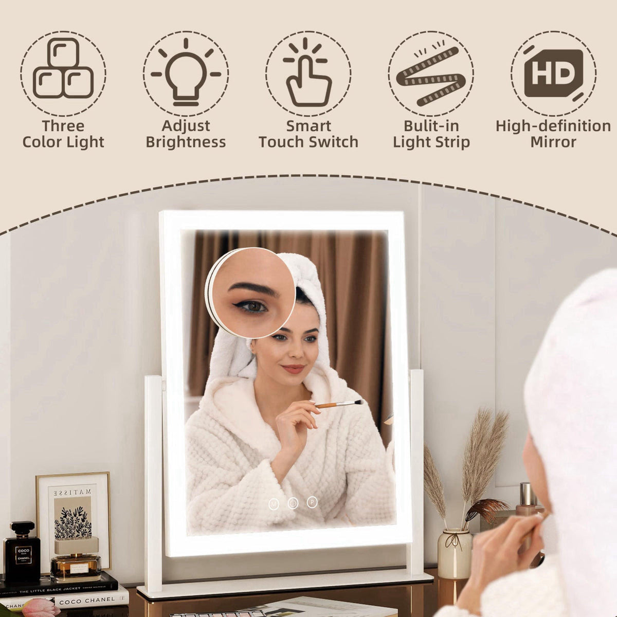 FENNIO Rectangular Makeup Vanity Mirror with Lights, 12.5×16.5 Inch, White – full view, size 13"x17" 13"x