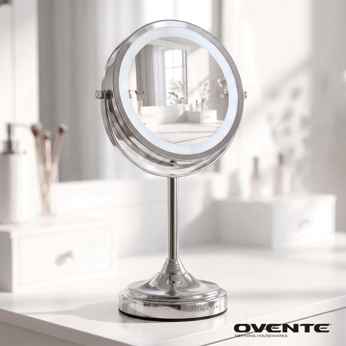 OVENTE 7'' Lighted Magnifying Makeup Mirror, Polished Chrome MCT70CH1X7X – close-up detail