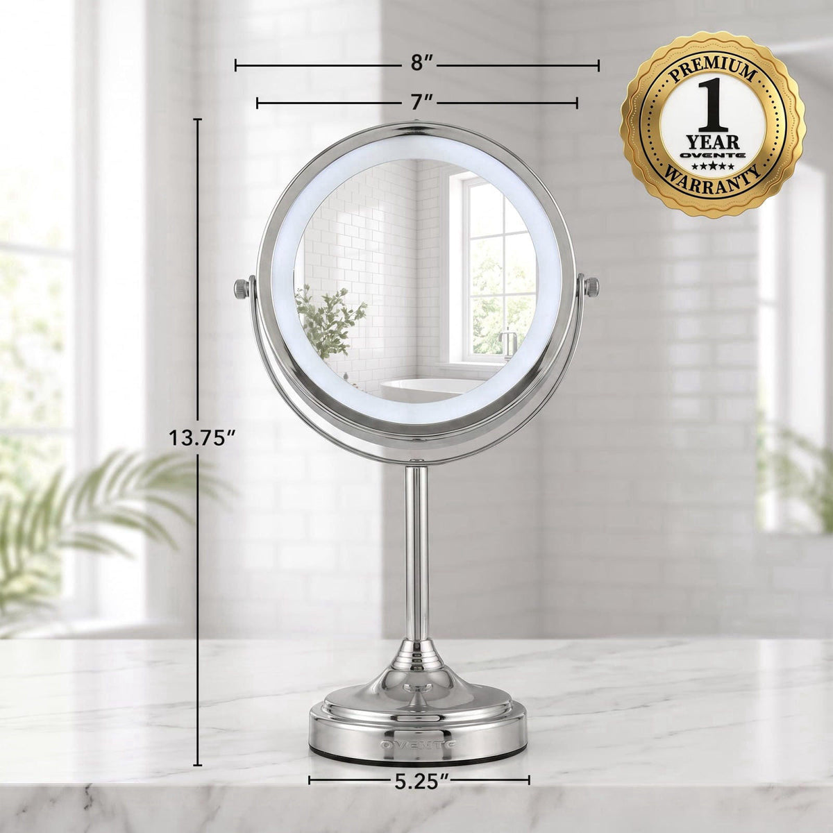 OVENTE 7'' Lighted Magnifying Makeup Mirror, Polished Chrome MCT70CH1X7X – packaging and label