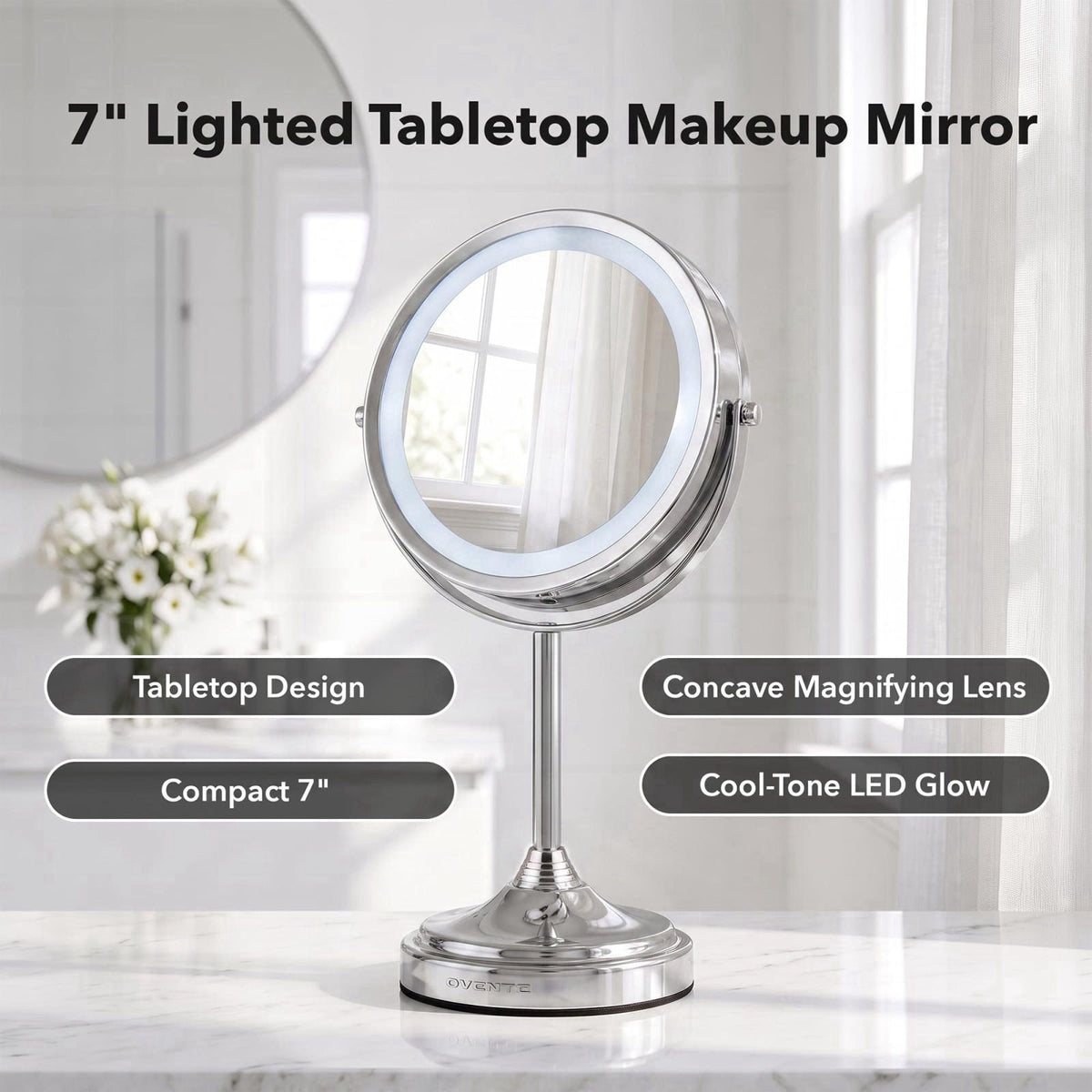 OVENTE 7'' Lighted Magnifying Makeup Mirror, Polished Chrome MCT70CH1X7X – full view