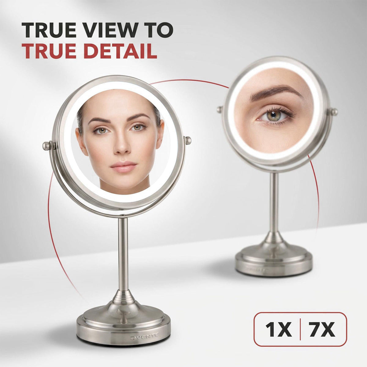 OVENTE 7'' Lighted Magnifying Makeup Mirror, Polished Chrome MCT70CH1X7X – back view and specifications