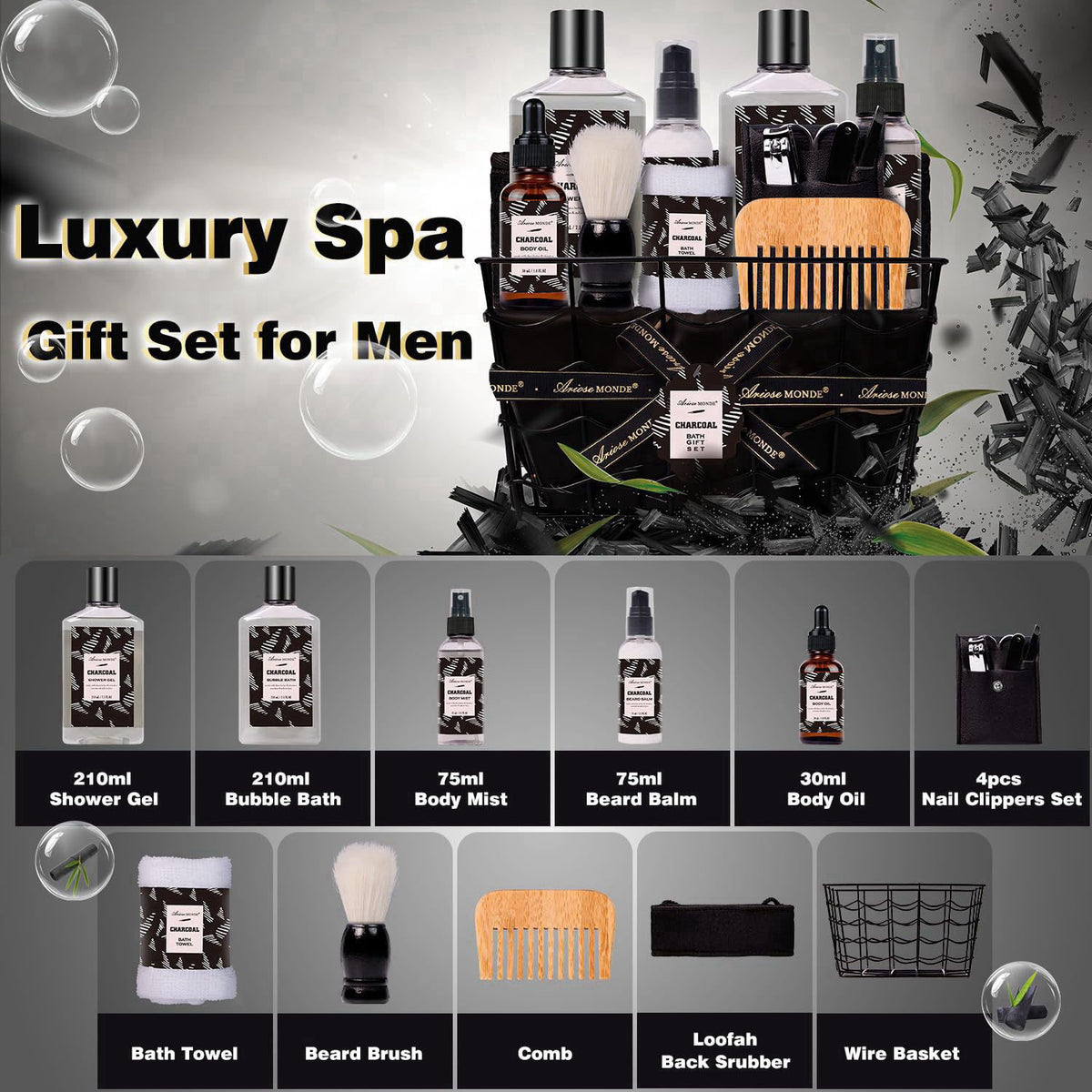 ArioseMonde Spa Gifts for Men, 10pc Charcoal Bath and Body Gift Set for Men – close-up detail