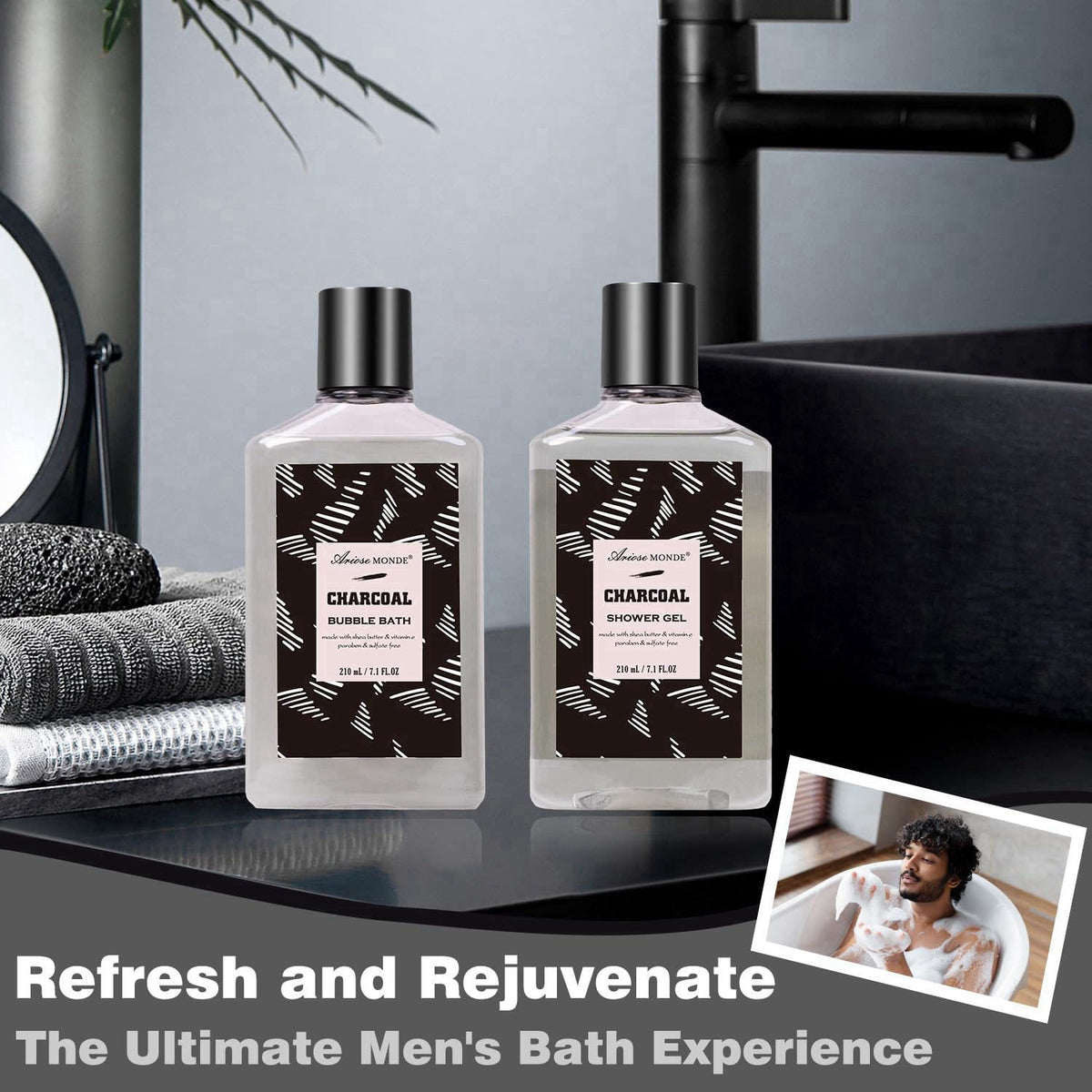 ArioseMonde Spa Gifts for Men, 10pc Charcoal Bath and Body Gift Set for Men – packaging and label