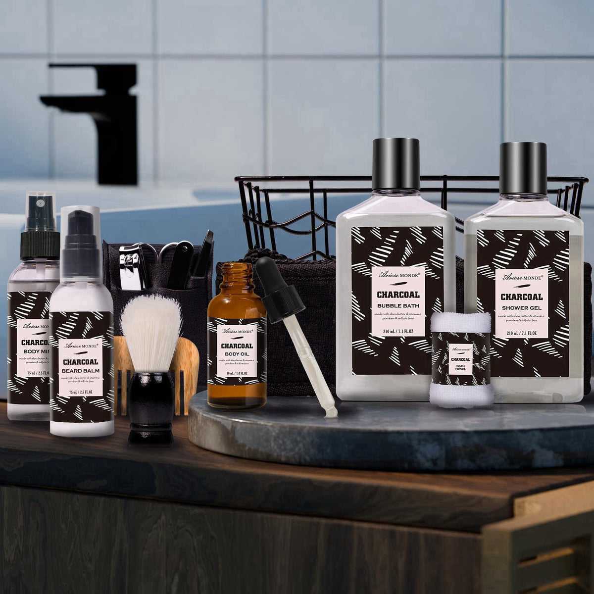 ArioseMonde Spa Gifts for Men, 10pc Charcoal Bath and Body Gift Set for Men – alternate angle