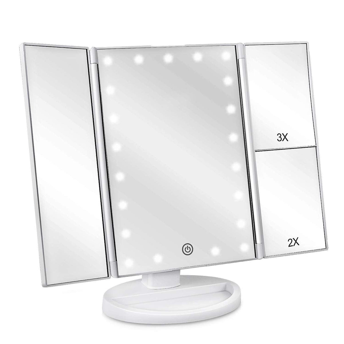 deweisn Floor Mount Tri-Fold Lighted Vanity Mirror with 21 LED Lights, Touch Screen and 3X/2X/1X Magnification, Two Powe