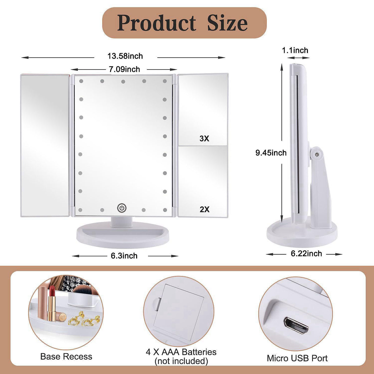deweisn Floor Mount Tri-Fold Lighted Vanity Mirror with 21 LED Lights, Touch Screen and 3X/2X/1X Magnification, Two Powe