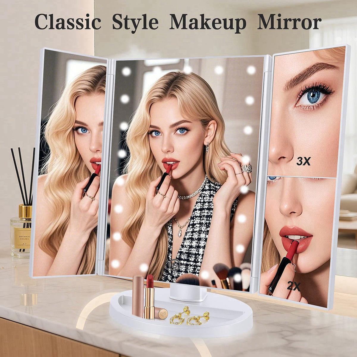 deweisn Floor Mount Tri-Fold Lighted Vanity Mirror with 21 LED Lights, Touch Screen and 3X/2X/1X Magnification, Two Powe