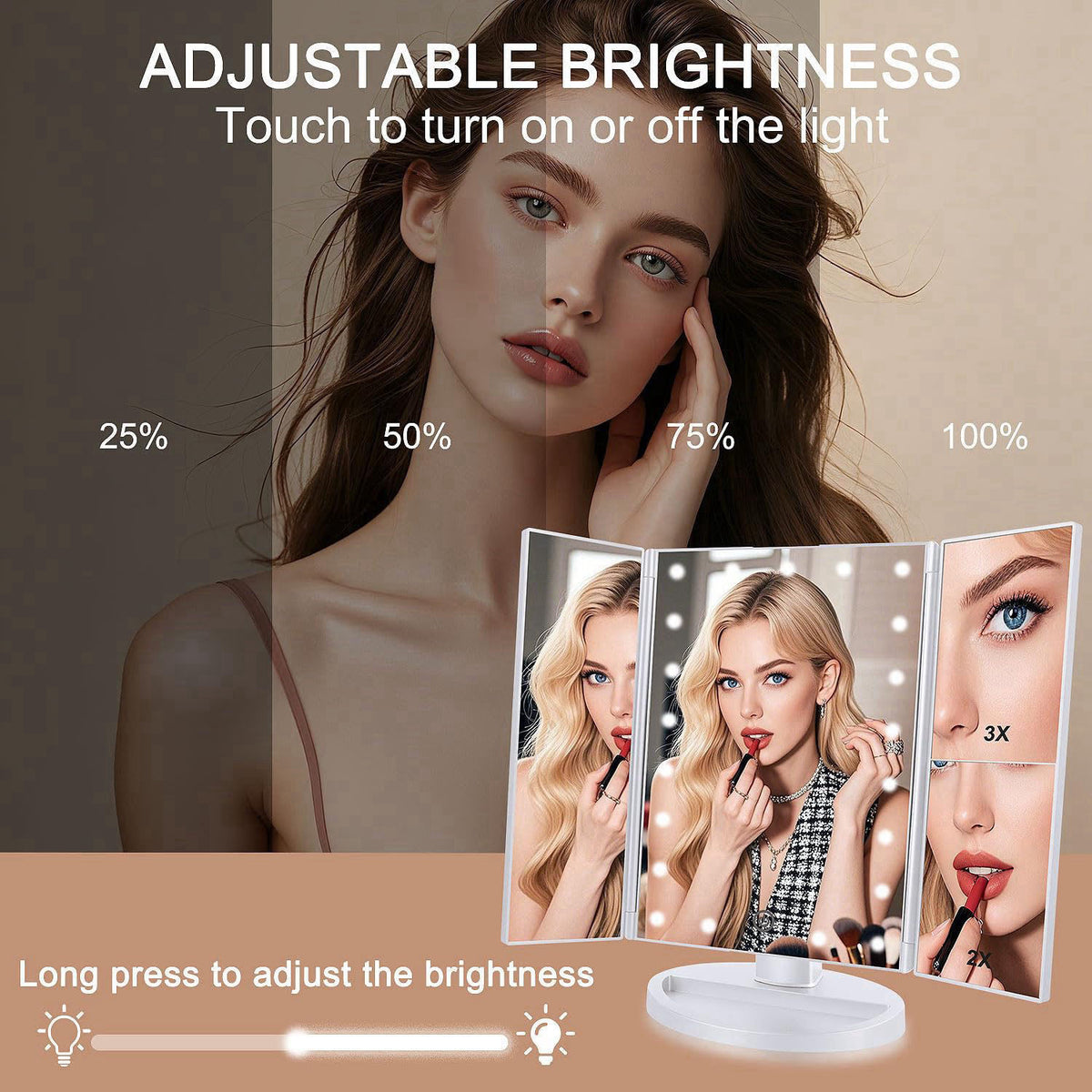 deweisn Floor Mount Tri-Fold Lighted Vanity Mirror with 21 LED Lights, Touch Screen and 3X/2X/1X Magnification, Two Powe