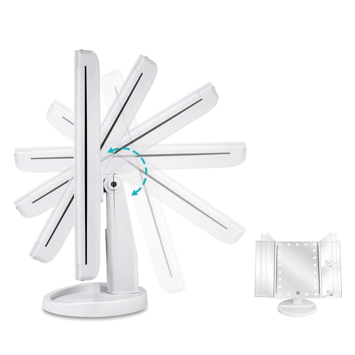 deweisn Floor Mount Tri-Fold Lighted Vanity Mirror with 21 LED Lights, Touch Screen and 3X/2X/1X Magnification, Two Powe