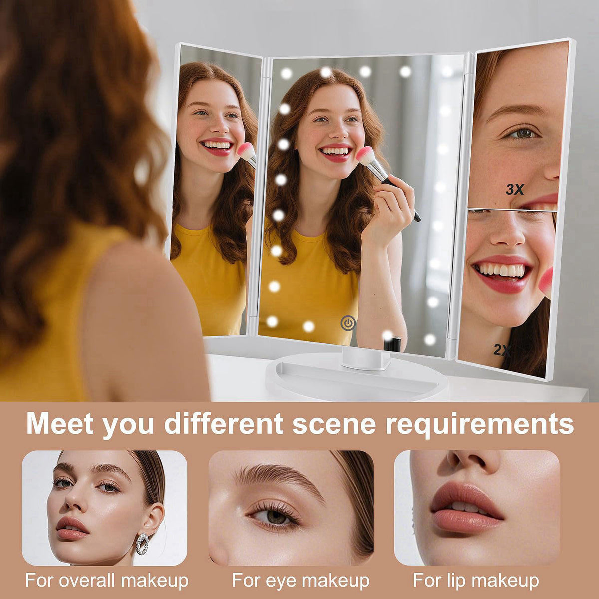 deweisn Floor Mount Tri-Fold Lighted Vanity Mirror with 21 LED Lights, Touch Screen and 3X/2X/1X Magnification, Two Powe