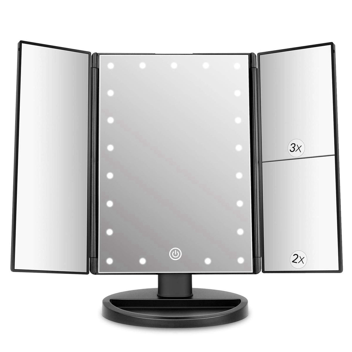 deweisn Tabletop Mount Trifold Lighted Vanity Mirror with 21 LED Lights, Touch Screen and 3X/2X/1X Magnification, Two Po