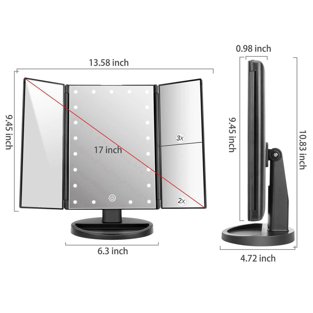 deweisn Tabletop Mount Trifold Lighted Vanity Mirror with 21 LED Lights, Touch Screen and 3X/2X/1X Magnification, Two Po