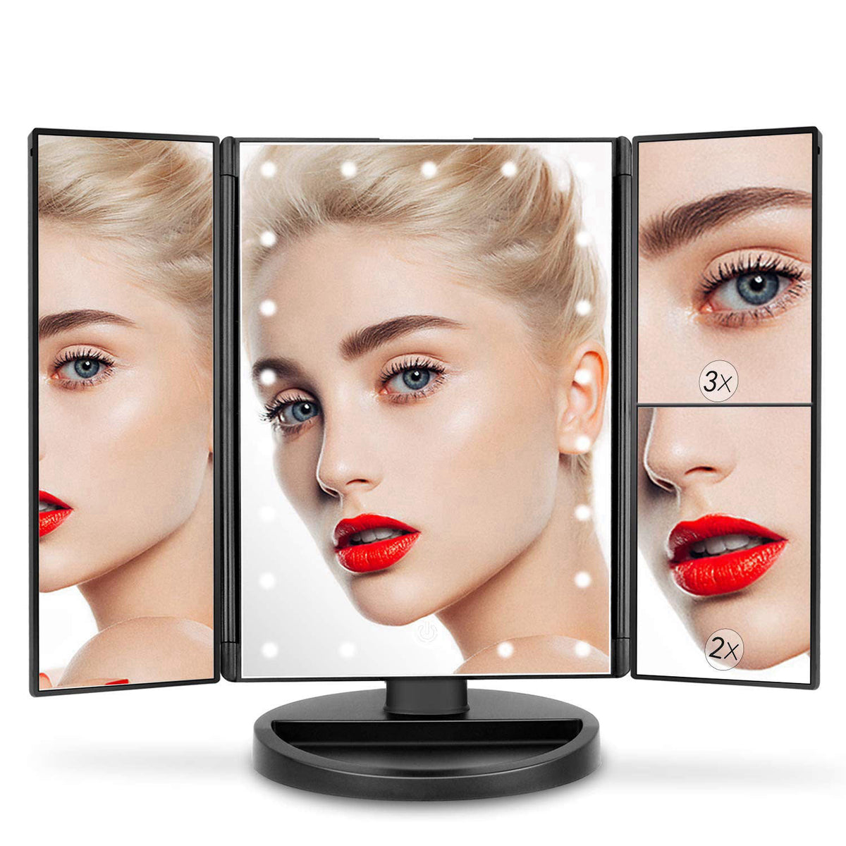 deweisn Tabletop Mount Trifold Lighted Vanity Mirror with 21 LED Lights, Touch Screen and 3X/2X/1X Magnification, Two Po