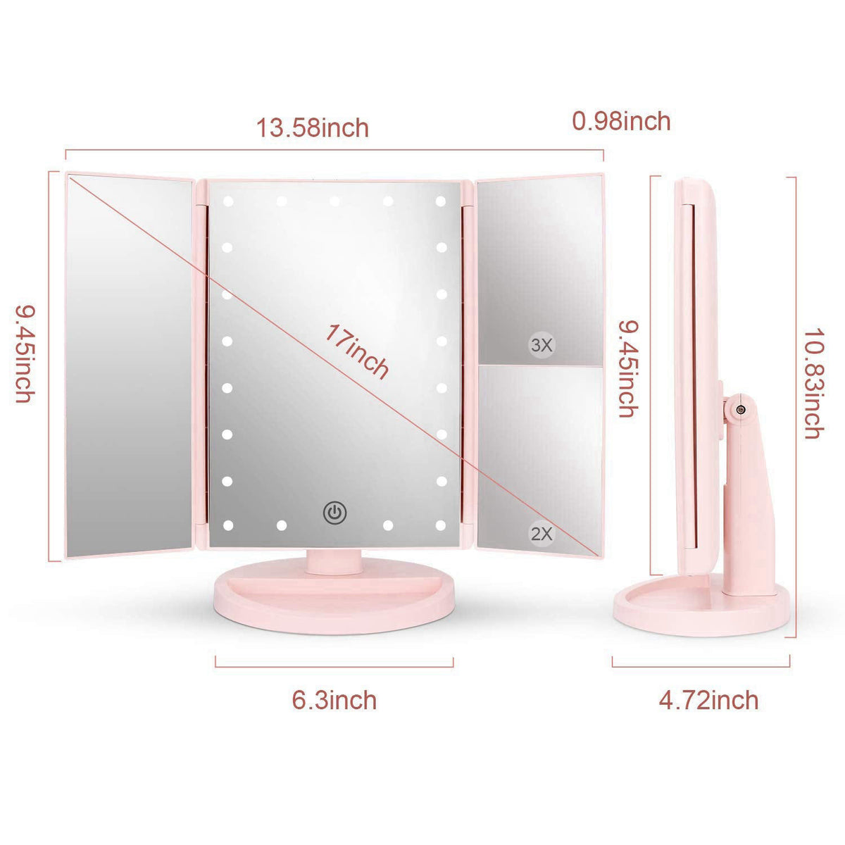 deweisn Tabletop Mount Tri-Fold Lighted Vanity Mirror with 21 LED Lights, Touch Screen and 3X/2X/1X Magnification, Two P