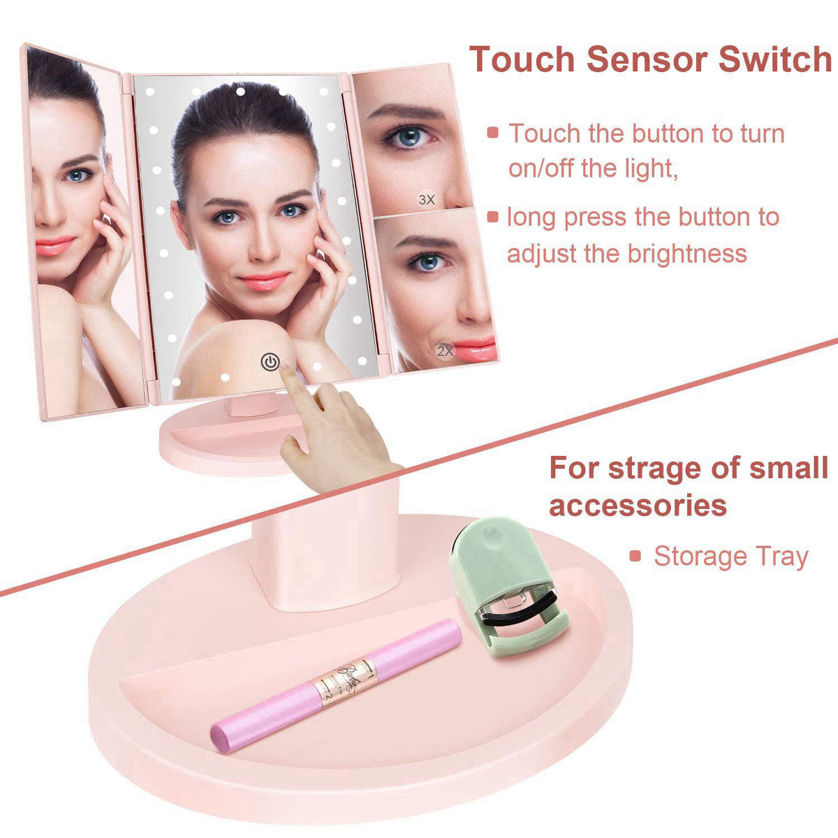 deweisn Tabletop Mount Tri-Fold Lighted Vanity Mirror with 21 LED Lights, Touch Screen and 3X/2X/1X Magnification, Two P