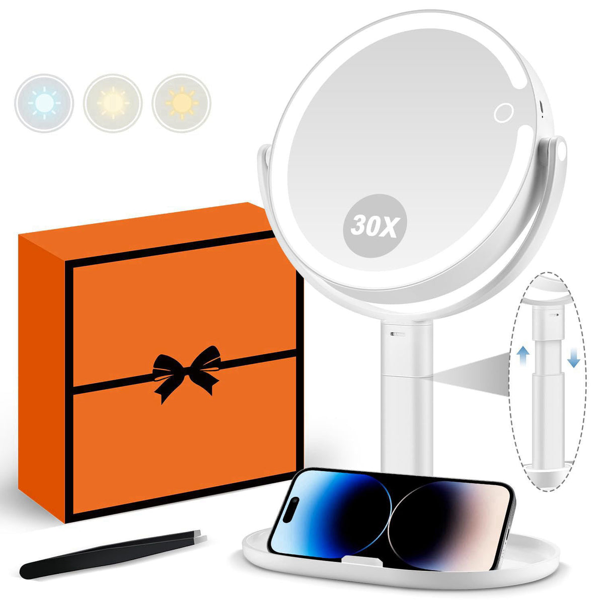 MIYADIVA 30X Magnifying Makeup Mirror with Lights, Rechargeable Desk Vanity Mirror
