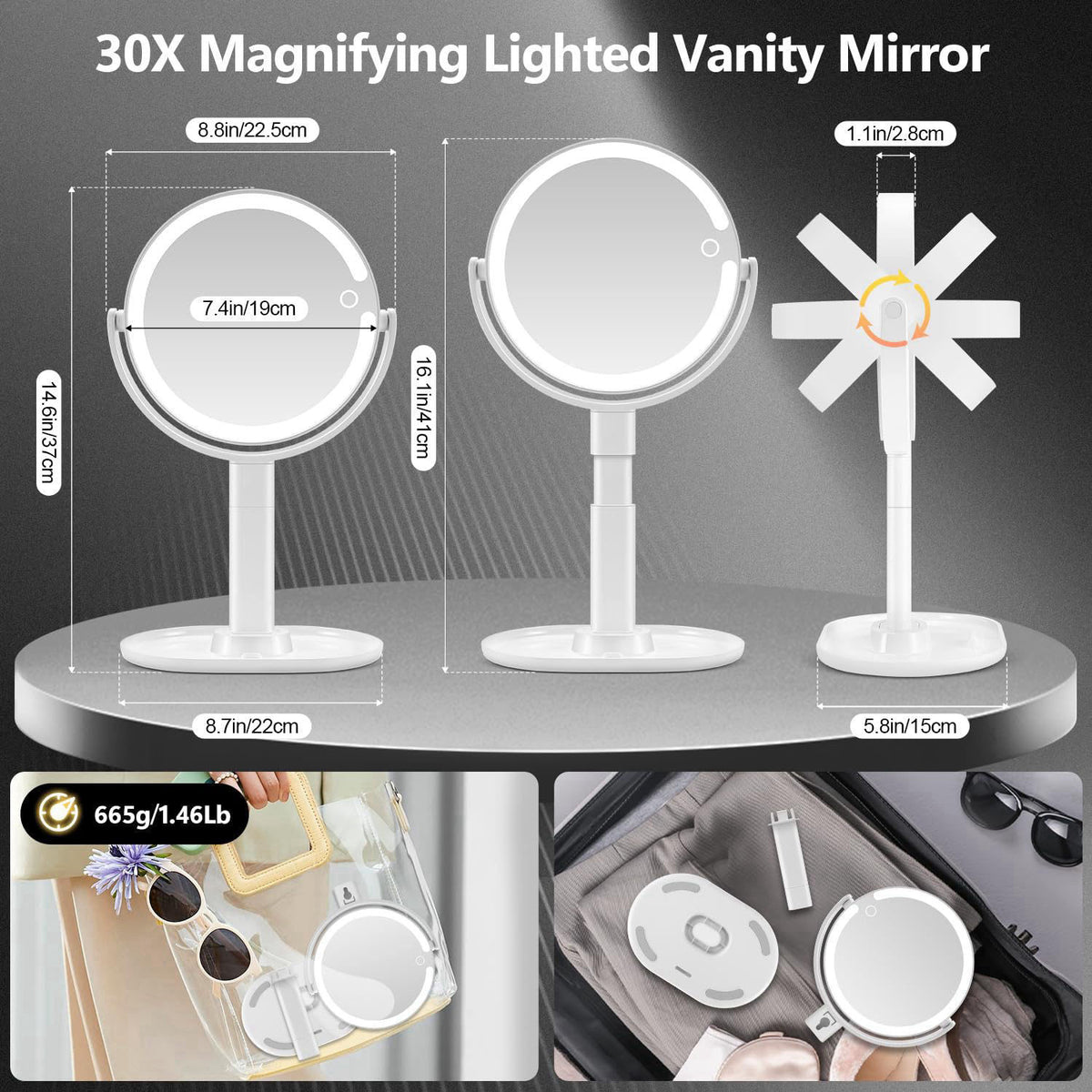 MIYADIVA 30X Magnifying Makeup Mirror with Lights, Rechargeable Desk Vanity Mirror – close-up detail