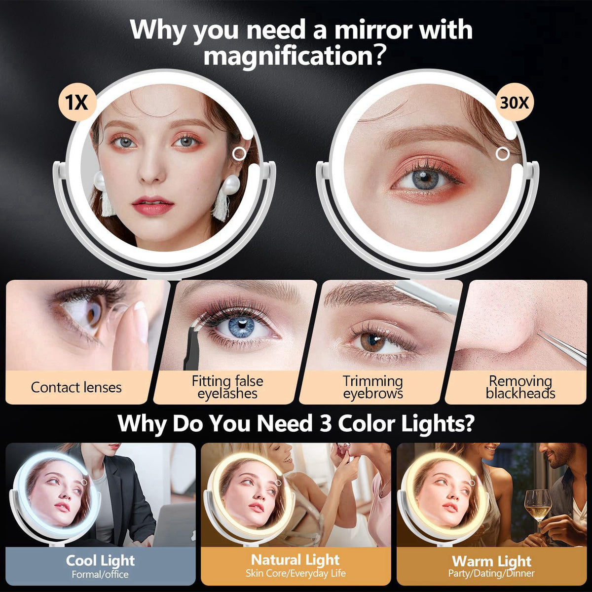MIYADIVA 30X Magnifying Makeup Mirror with Lights, Rechargeable Desk Vanity Mirror – back view and specifications