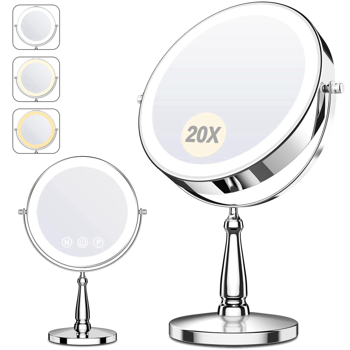 WOOCICA Makeup Mirror with Lights, 20X Magnifying Mirror with Light for Women, 5000 mAh Vanity Mirror with Lights and 3 