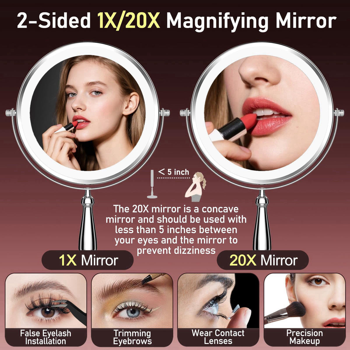 WOOCICA Makeup Mirror with Lights, 20X Magnifying Mirror with Light for Women, 5000 mAh Vanity Mirror with Lights and 3 