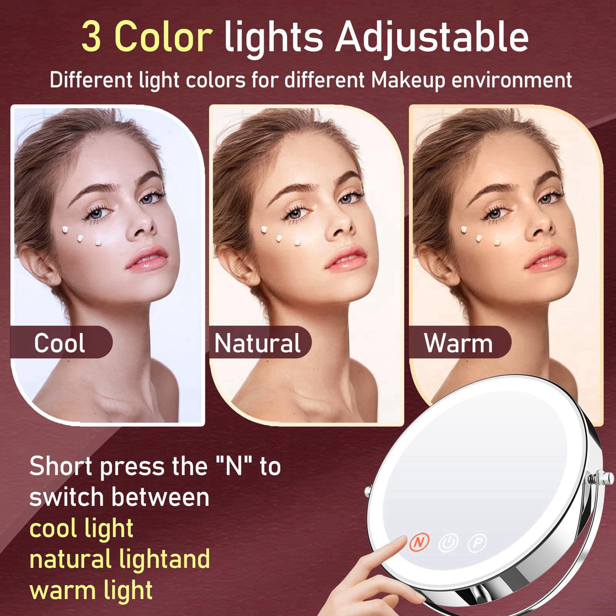 WOOCICA Makeup Mirror with Lights, 20X Magnifying Mirror with Light for Women, 5000 mAh Vanity Mirror with Lights and 3 