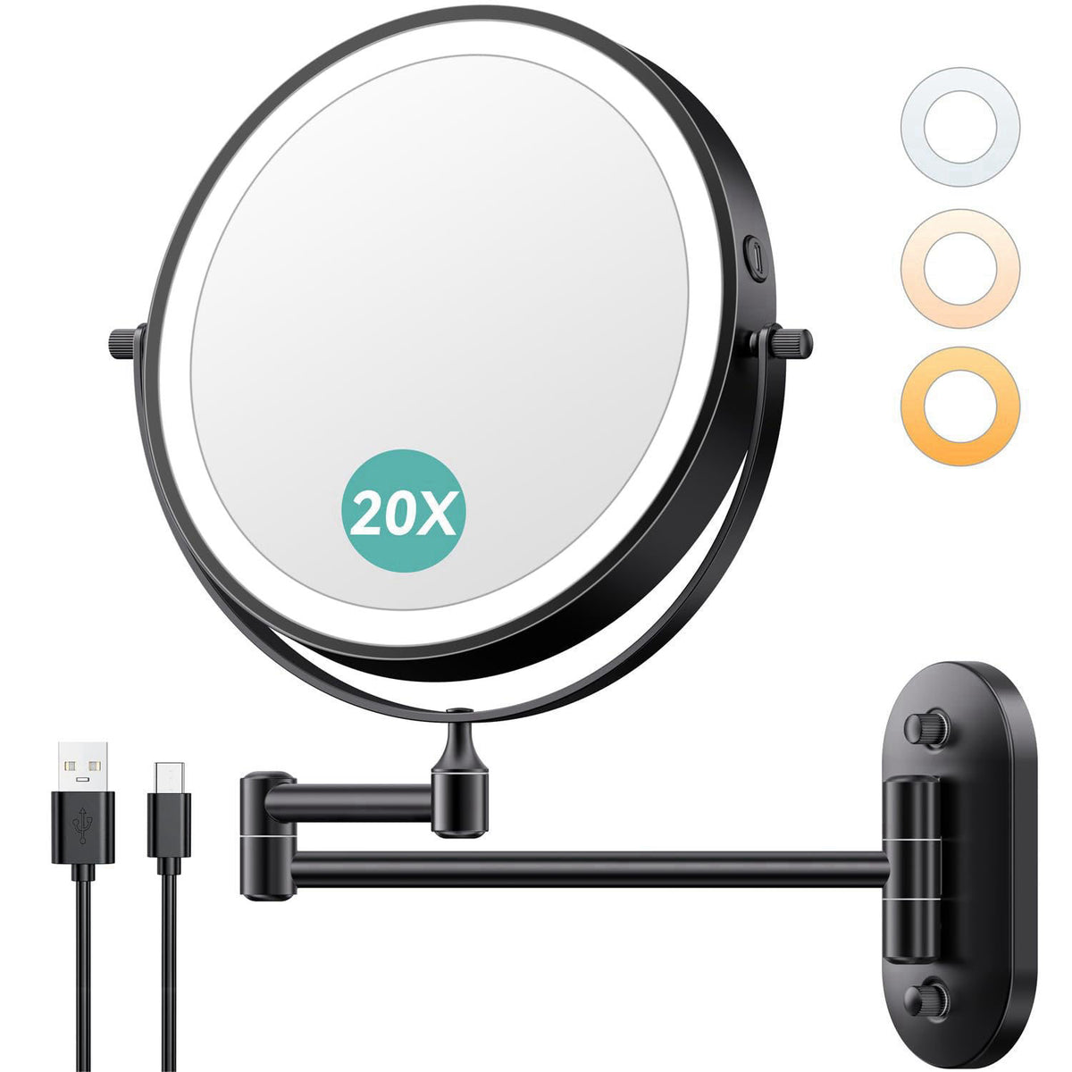Auxmir 1X/20X Wall Mounted Makeup Mirror, 8" Rechargeable Magnifying Mirror – Black Nickel Black Chrome White Chrome
