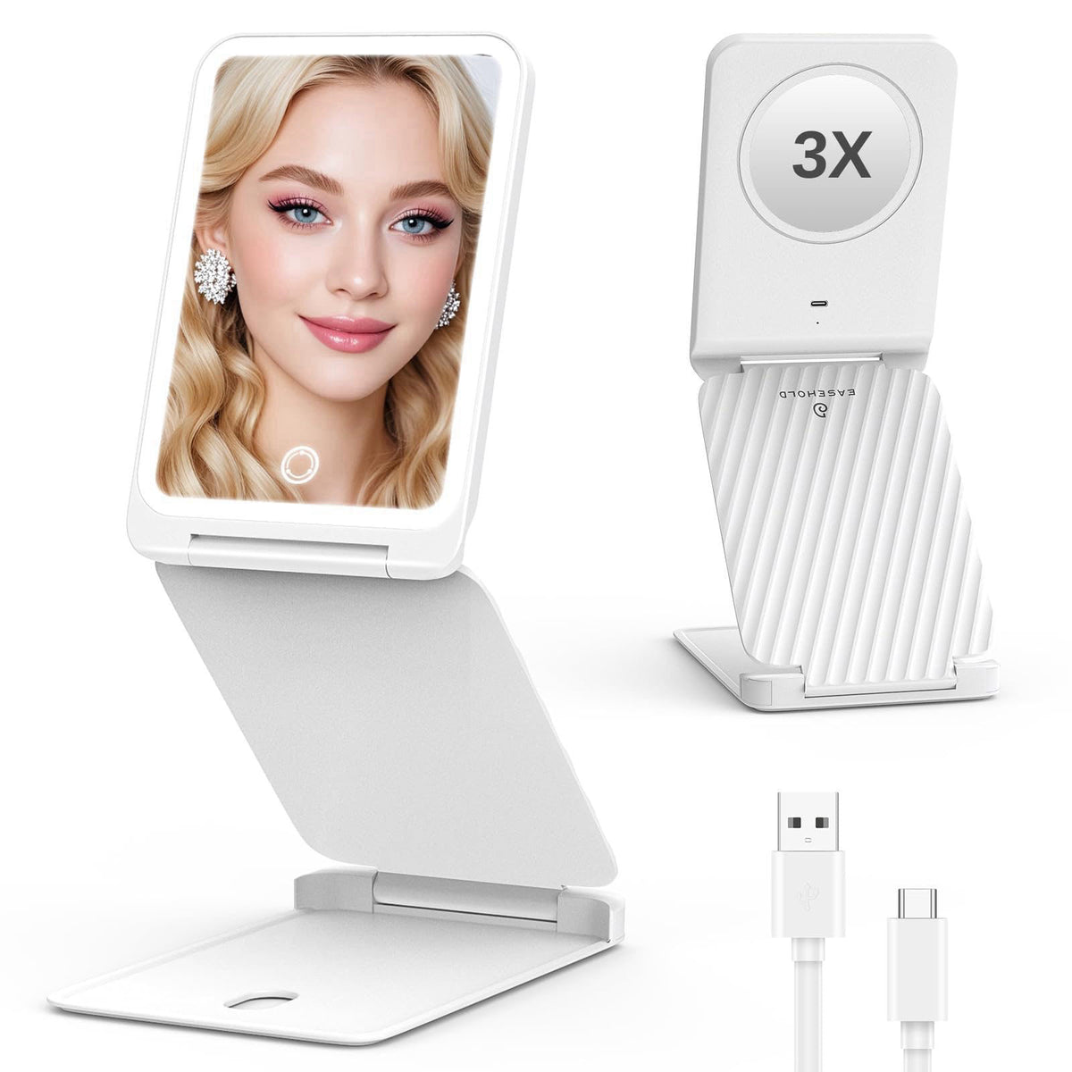 EASEHOLD Lighted Travel Makeup Mirror with 72 LEDs, 1X/3X Magnification – product photo (Compact &amp; Travel Mirrors)
