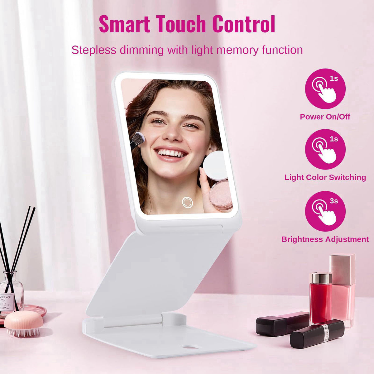 EASEHOLD Lighted Travel Makeup Mirror with 72 LEDs, 1X/3X Magnification – full view