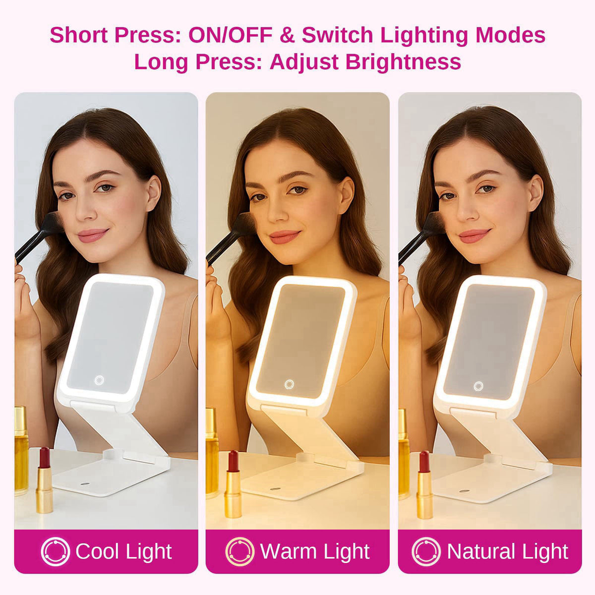 EASEHOLD Lighted Travel Makeup Mirror with 72 LEDs, 1X/3X Magnification – back view and specifications