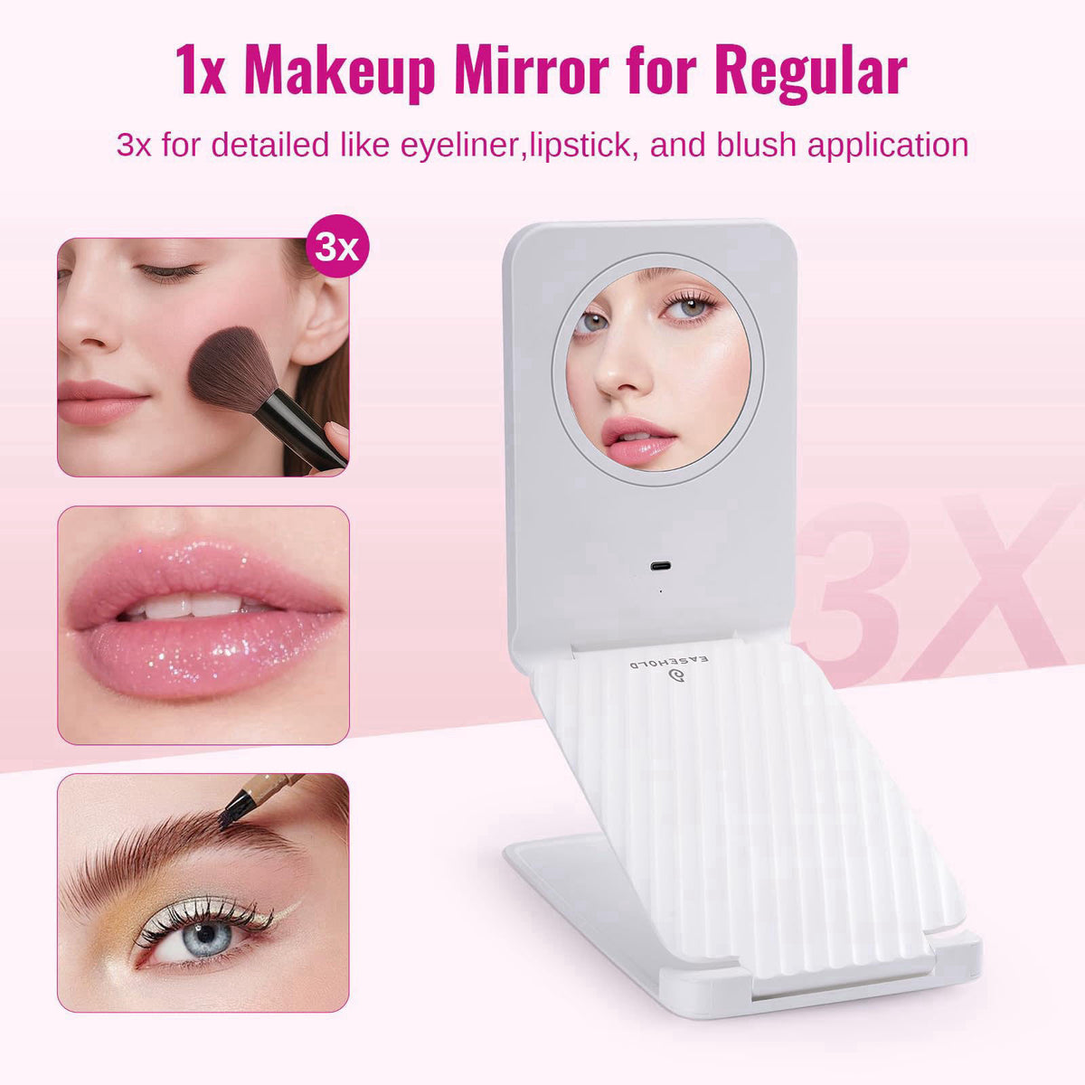 EASEHOLD Lighted Travel Makeup Mirror with 72 LEDs, 1X/3X Magnification – alternate angle