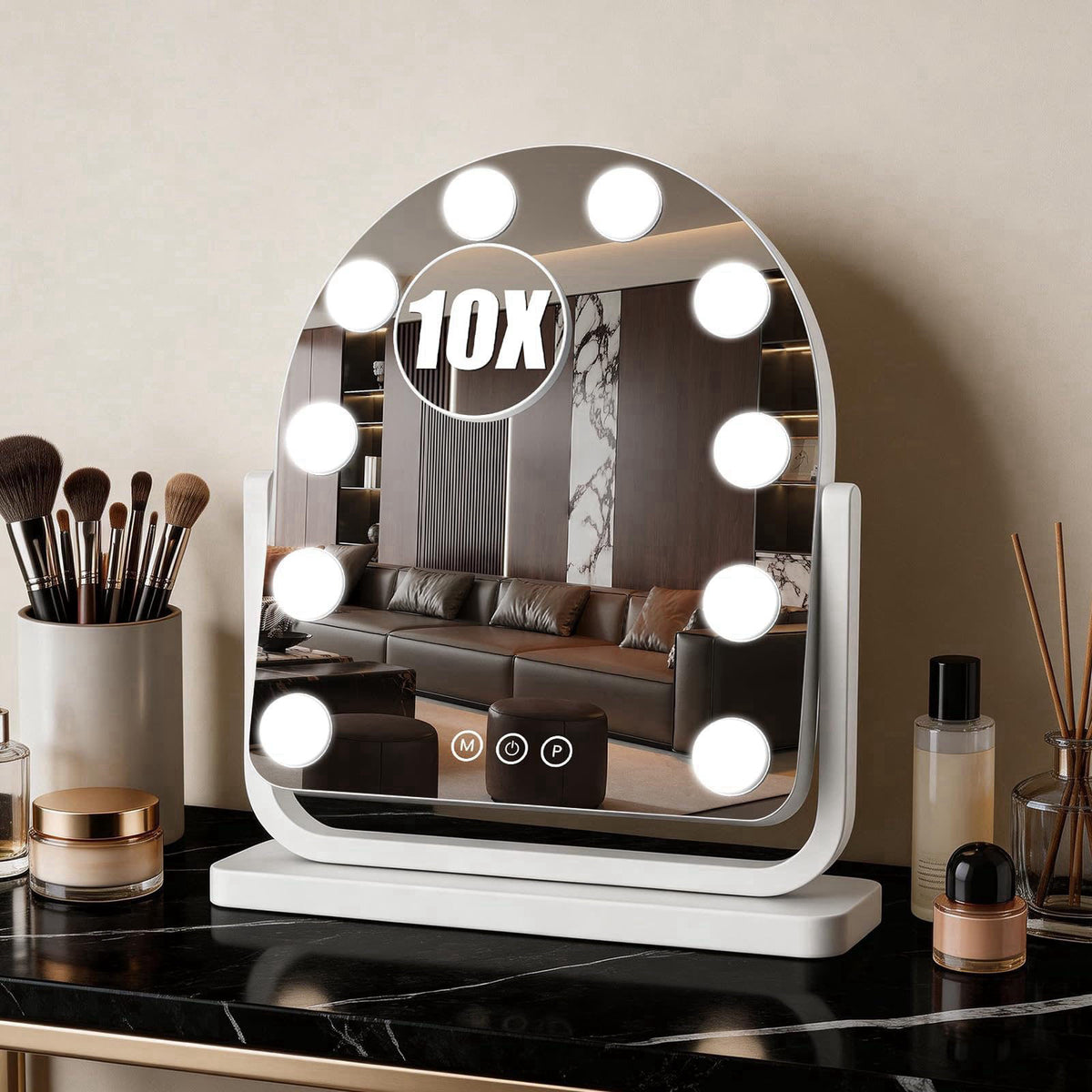 Bearolve Rechargeable Arched Vanity Mirror with Lights, 14"×12" Hollywood Makeup Mirror with 10 Bulbs, 3000mAH B