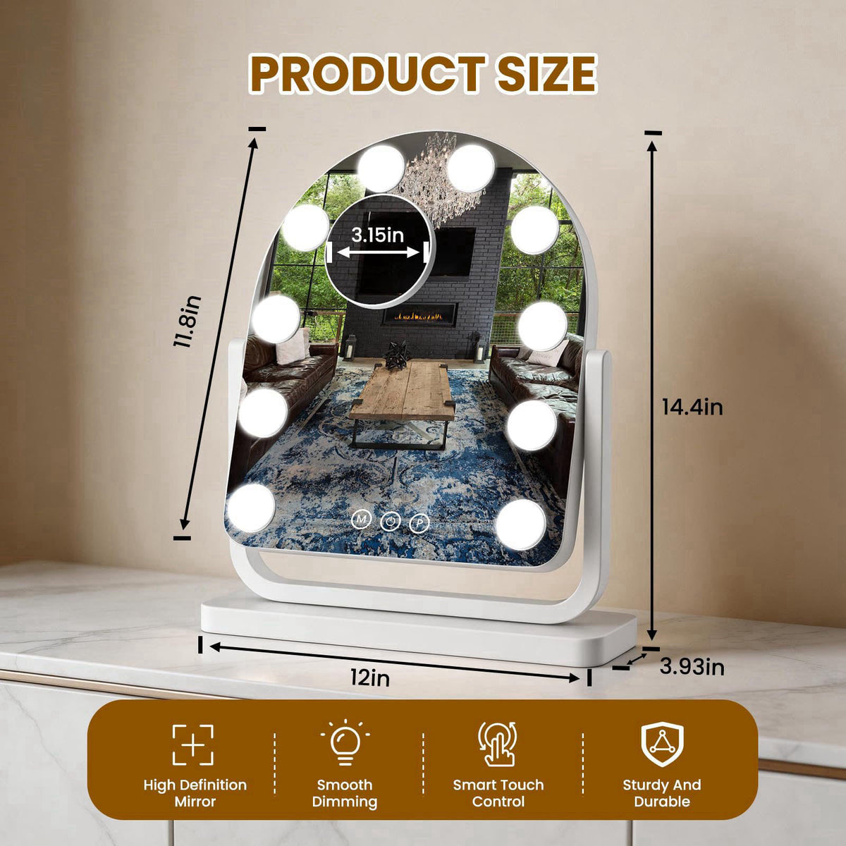Bearolve Rechargeable Arched Vanity Mirror with Lights, 14"×12" Hollywood Makeup Mirror with 10 Bulbs, 3000mAH B