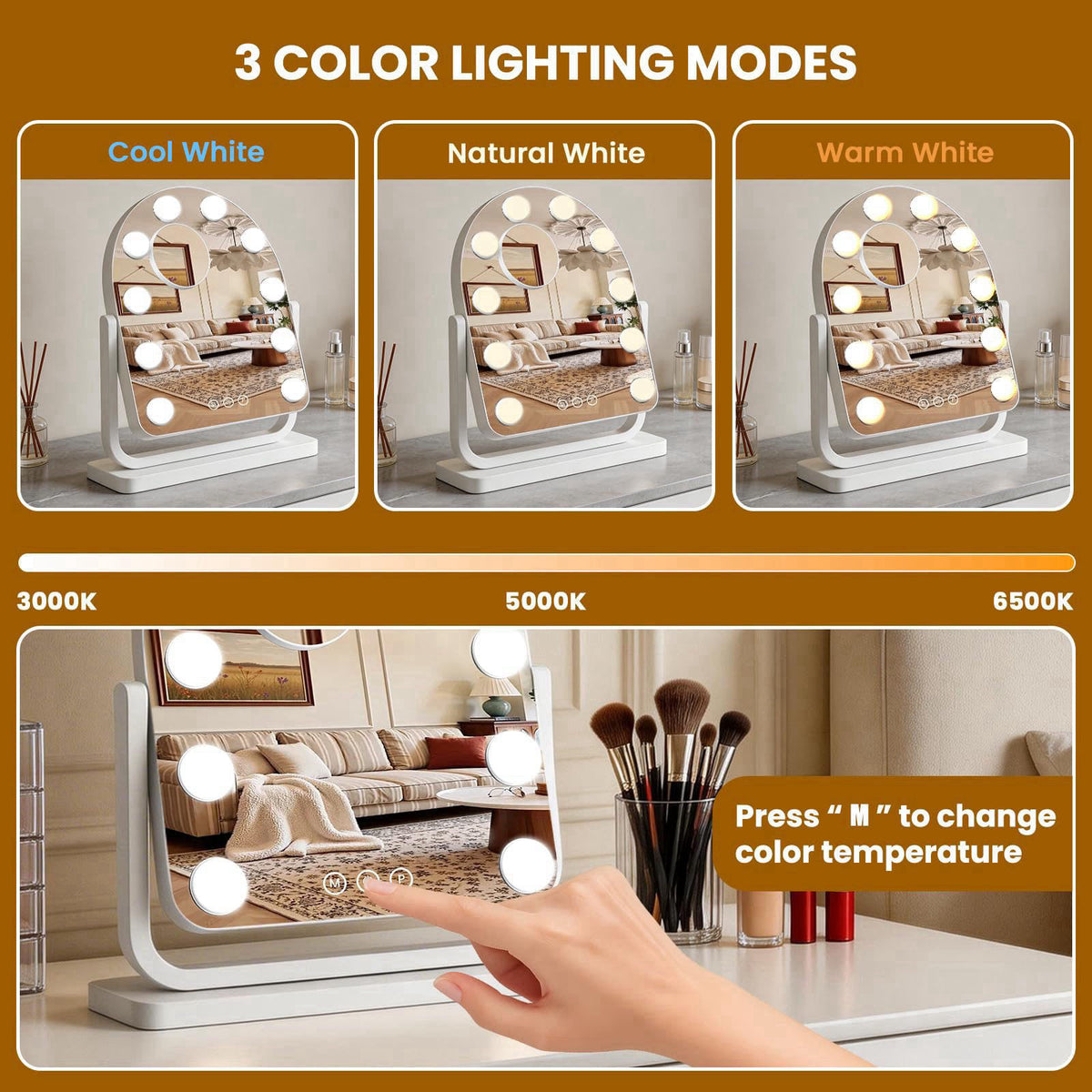 Bearolve Rechargeable Arched Vanity Mirror with Lights, 14"×12" Hollywood Makeup Mirror with 10 Bulbs, 3000mAH B
