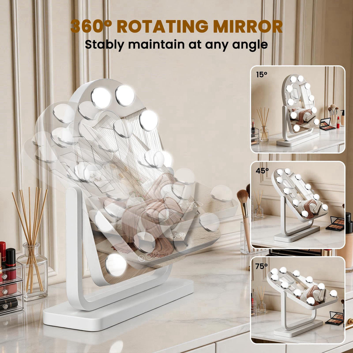 Bearolve Rechargeable Arched Vanity Mirror with Lights, 14"×12" Hollywood Makeup Mirror with 10 Bulbs, 3000mAH B
