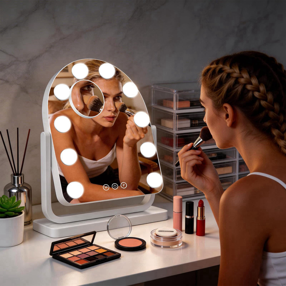 Bearolve Rechargeable Arched Vanity Mirror with Lights, 14"×12" Hollywood Makeup Mirror with 10 Bulbs, 3000mAH B