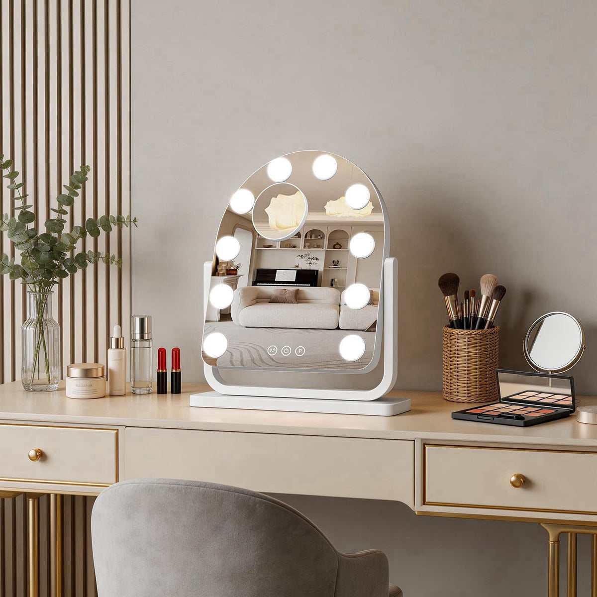 Bearolve Rechargeable Arched Vanity Mirror with Lights, 14"×12" Hollywood Makeup Mirror with 10 Bulbs, 3000mAH B