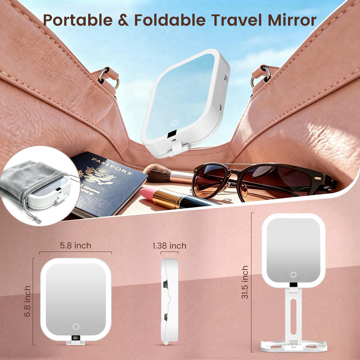 Granarbol Travel Makeup Mirror with Lights,1X/10X Magnifying Mirror Foldable – close-up detail