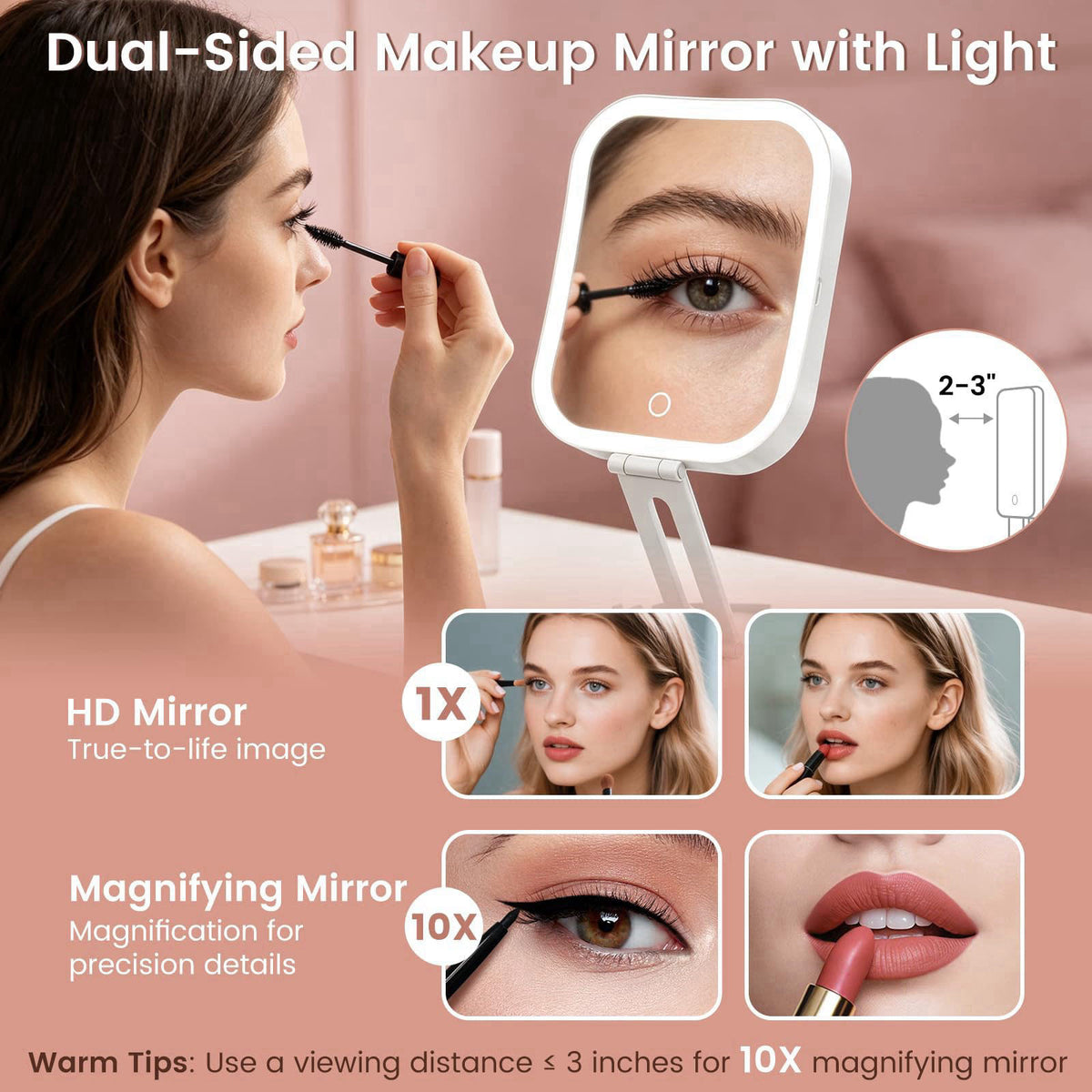 Granarbol Travel Makeup Mirror with Lights,1X/10X Magnifying Mirror Foldable – full view