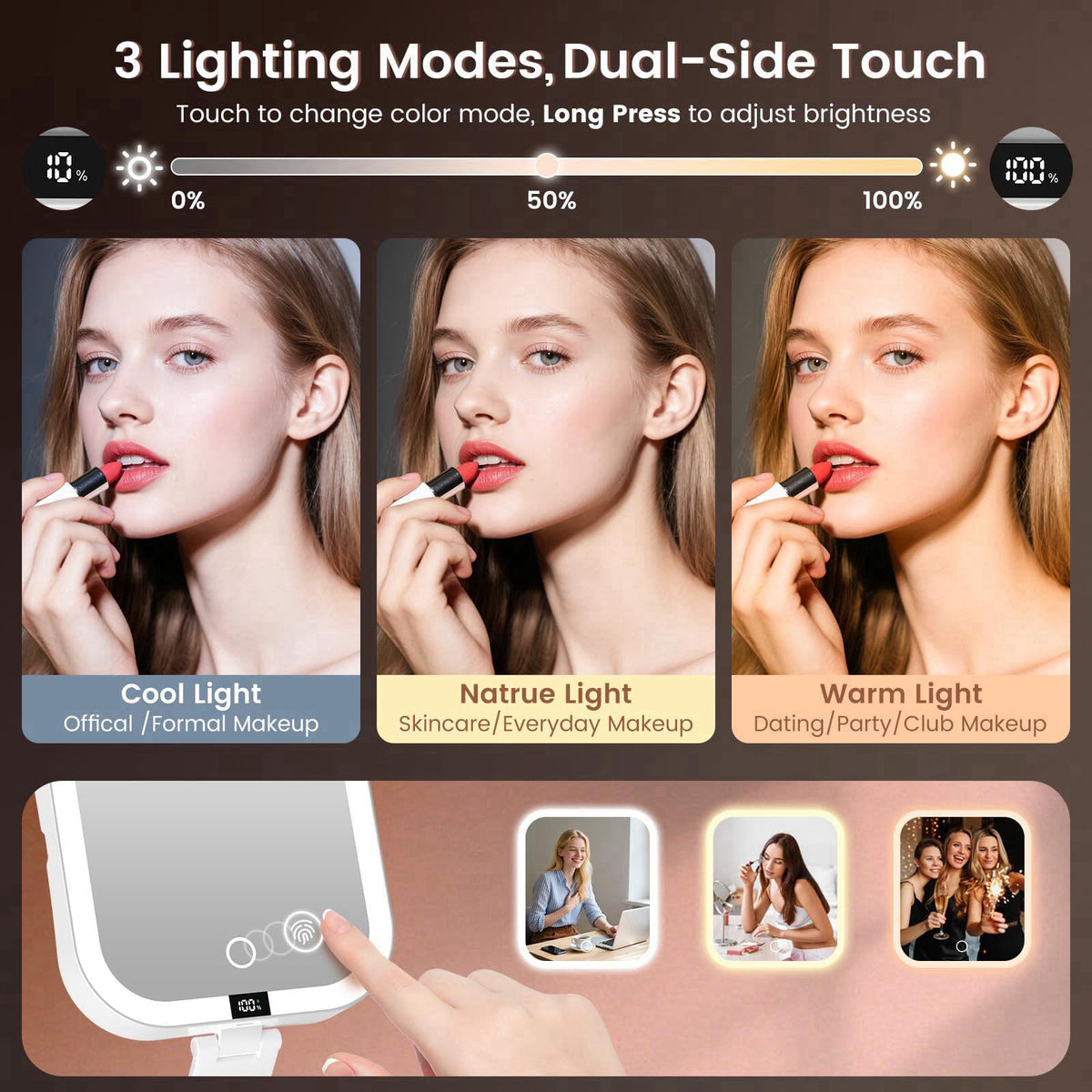 Granarbol Travel Makeup Mirror with Lights,1X/10X Magnifying Mirror Foldable – back view and specifications