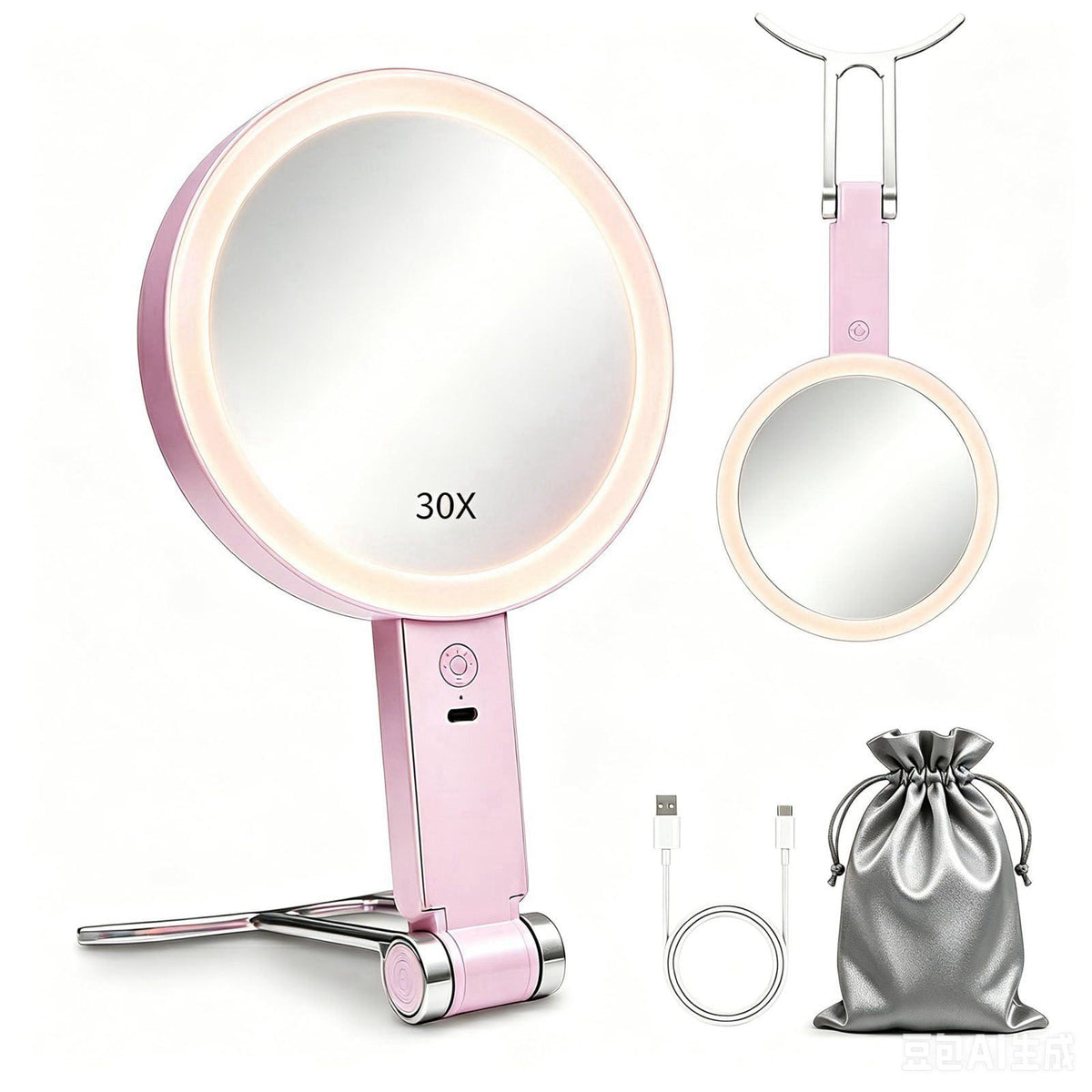 SANYCASA Travel Makeup Mirror with Lights for Women, Rechargeable Double-Sided 30X/1X Magnifying Mirror, Portable Lighte