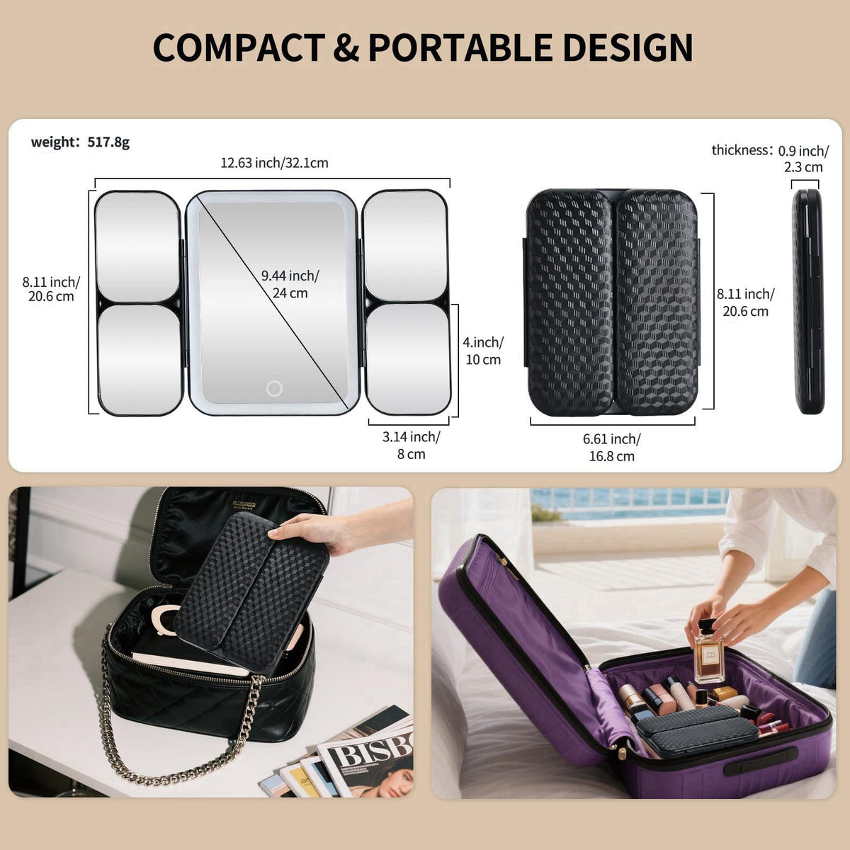 Junyaoxuan Tri-fold Vanity Mirror with Light,Rechargeable Travel Makeup Mirror with 5X/10X/20X/30X Magnifying Mirror,Tou